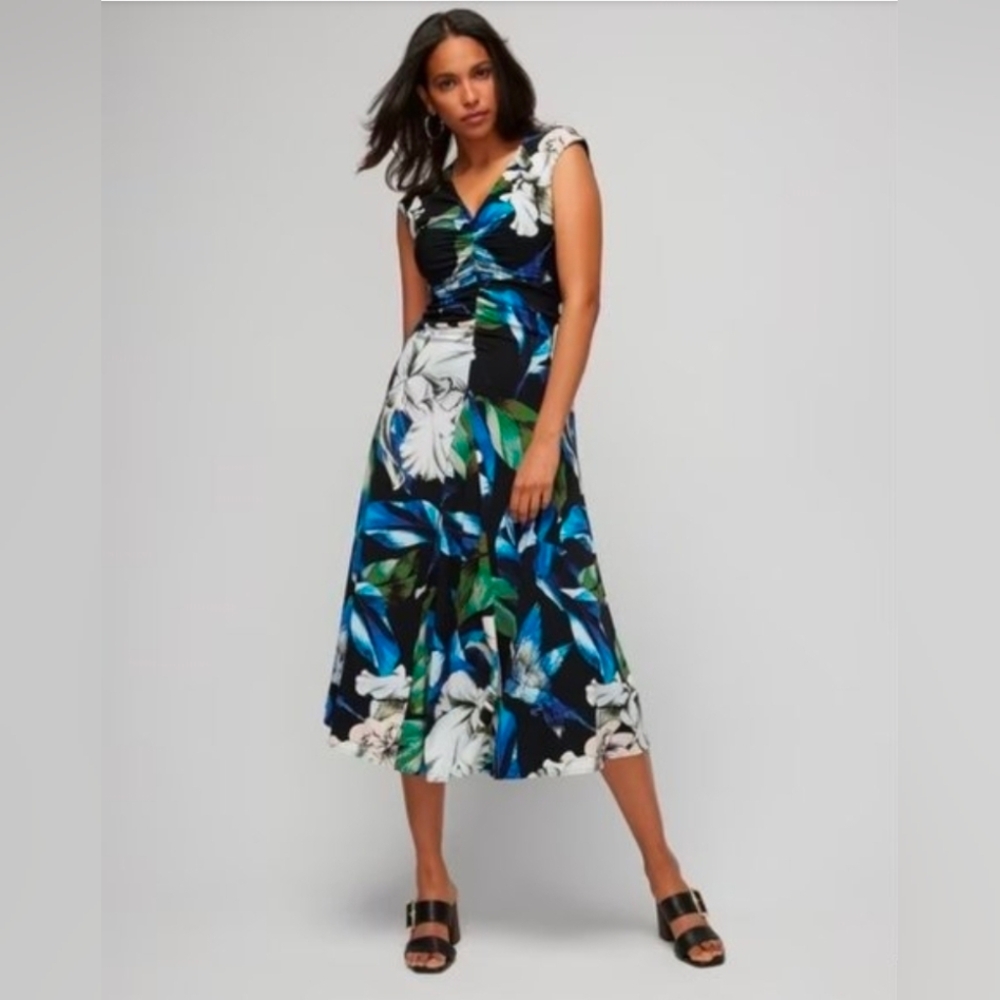 WHBM Green Blue Floral Midi Dress with Front Gathering Medium NWT 6280
